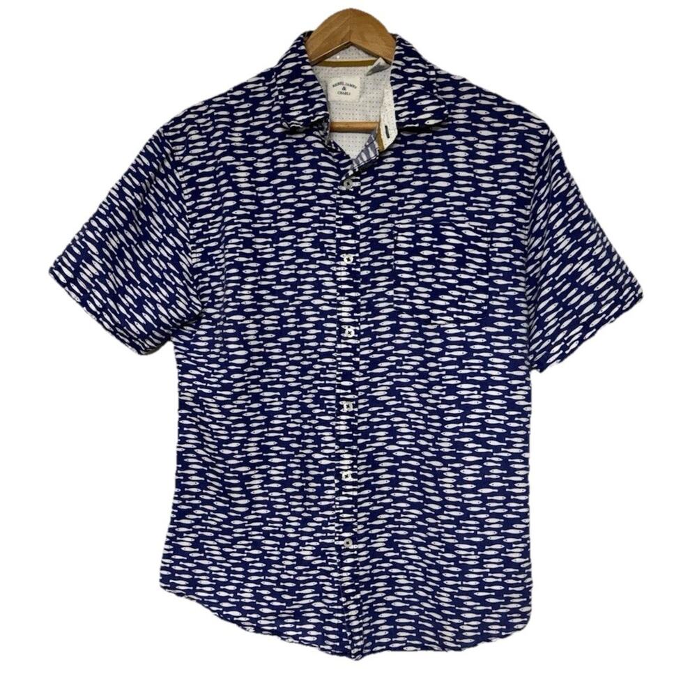 Rebel James Charli Minnow Fish Print Short Sleeve Button Front Shirt Mens Large